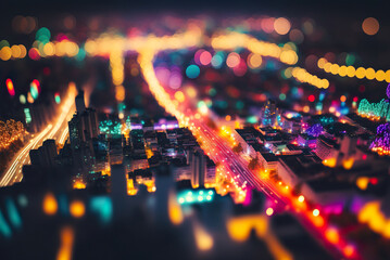 Naklejka na ściany i meble Aerial drone photo of colorful bokeh cityscape created with Generative AI technology