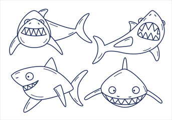 Set of four vector line illustrations of a shark. Good for coloring book