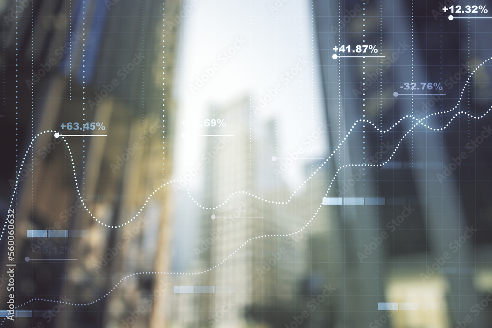 Poster multi exposure of abstract virtual graphic data spreadsheet sketch on modern architecture background
