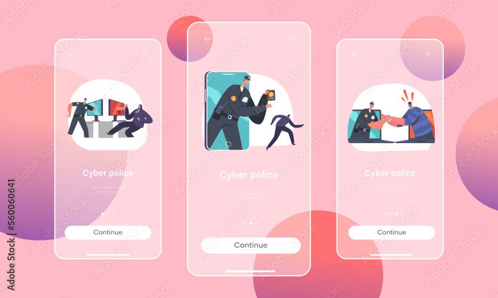 Poster cyber police mobile app page onboard screen template. policeman character catching robber through co