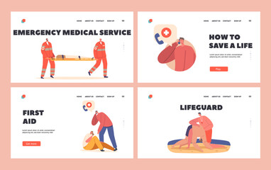 First Aid Landing Page Template Set. Rescuers Help to Victims on Beach, Medics Carry Person on Stretchers Illustration