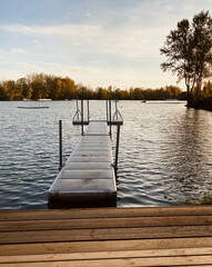 View of Lake Buzerens, Bram, France.  Wooden pier on a sunny day.