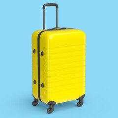 Yellow polycarbonate suitcase isolated on blue background.