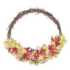 Willow wreath withe watercolor with autumn twigs and maple, oak, poplar isolated on white. Hand drawing illustration