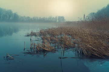 dreamy frozen lake with reeds in morning fog