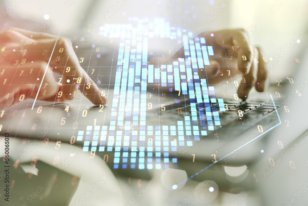 Poster double exposure of creative bitcoin symbol hologram with hands typing on computer keyboard on backgr