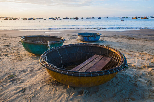 basket boats on the beach of Da Nang