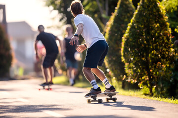 Young man skateboarding in street, Canggu, Bali, Indonesia