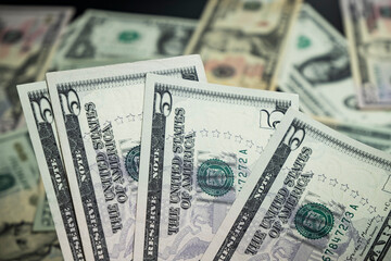 Banknotes of 5 US dollars, Stacks of money from a banknote of 5 dollars, top view.
five dollar bill Abraham Lincoln