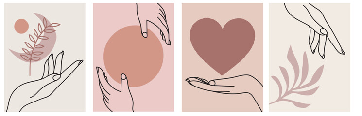 Collection of modern simple abstractions: colored geometric shapes and hands, heart, moon, plant on colored backgrounds