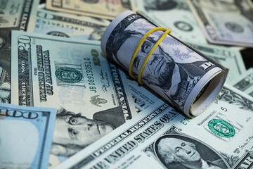 Banknotes of 5 US dollars, Stacks of money from a banknote of 5 dollars, top view.
five dollar bill Abraham Lincoln