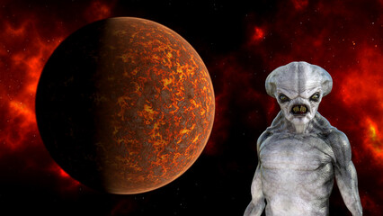 Illustration of a hideous alien with long sharp teeth in the foreground with a fiery planet and nebula in the background.