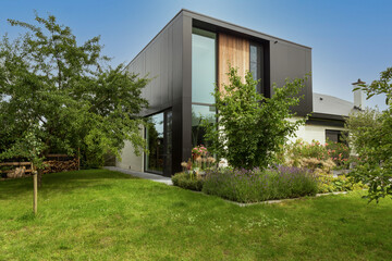 A modern house with garden.