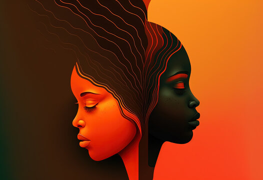 Two beautiful lesbian African American woman silhouette stands for black lives matter, an illustration created with Generative AI artificial intelligence technology