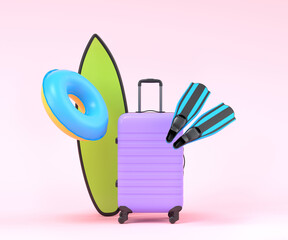 Colorful surfboard, beach ring, umbrellas and lugagge on pink background.