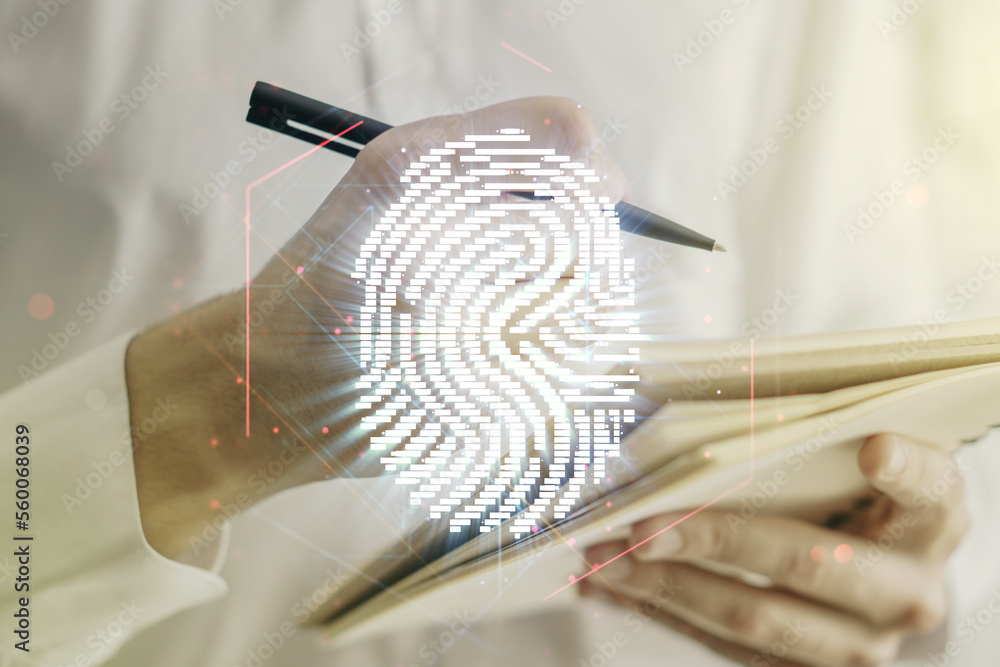 Poster Double exposure of abstract creative fingerprint hologram with man hand writing in notepad on background, protection of personal information concept