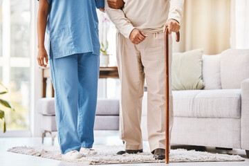 Walking stick, nursing home and senior patient with medical help, support and therapy for...