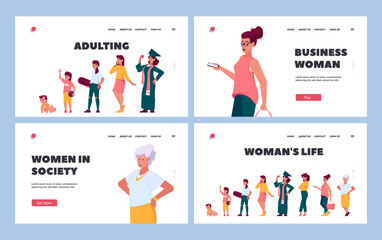 Woman Life Landing Page Template Set. Female Character Life Cycle, Different Ages Newborn Baby, Toddler Child