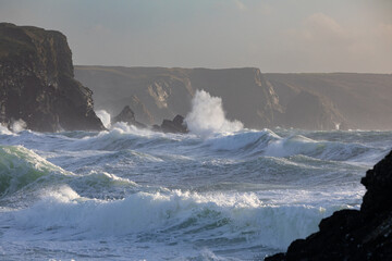 Stormy Waves Crashing onto Cornish Rocks