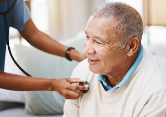 Senior man, doctor and stethoscope in healthcare service, caregiver career or heart check in...