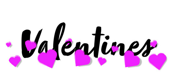 Valentine text with pink hearts, minimal valentine symbol, creative hand drawn sketch, design element for posts and social media, wide banner