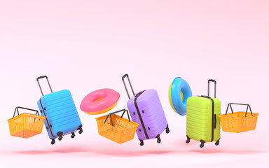 Colorful baggage, shopping basket and inflatable rings flying on pink background