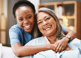 Fototapeta Senior care, hug and portrait of nurse with patient for medical help, healthcare or physiotherapy. Charity, volunteer caregiver and face of black woman at nursing home for disability rehabilitation obraz