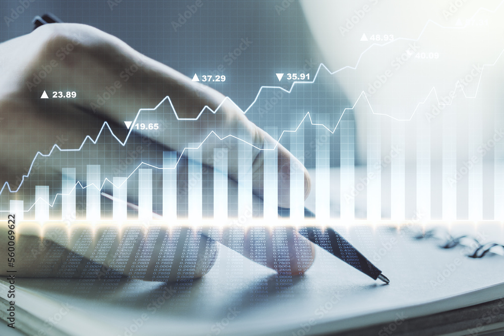 Poster multi exposure of abstract financial graph with hand writing in notebook on background, financial an