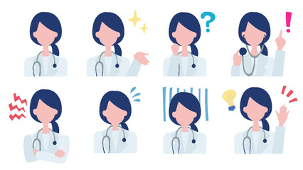 さまざまなポーズをとる女性医師。フラットな絵柄のベクターアイコンイラストセット。