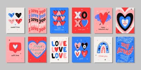 Poster Big set Valentine's Day greeting cards. Hand drawn trendy cartoon heart, love lettering. Vector illustration  © Anastasia