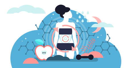 Metabolism illustration, transparent background. Flat tiny food to energy conversion persons concept. Tiny nutrition chemical reactions in organism synthesis. - obrazy, fototapety, plakaty
