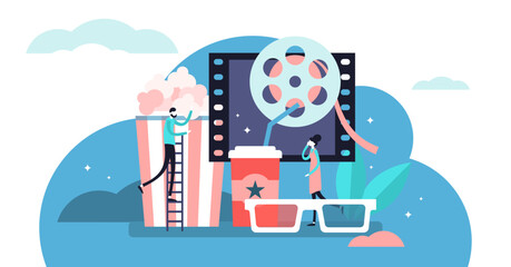 Fototapeta na wymiar Movies illustration, transparent background. Flat tiny media film theater persons concept. Abstract popcorn, 3D glasses, softs and cinema visualization. Leisure, relaxation and entertainment process.