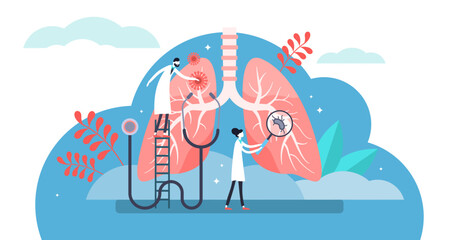 Pulmonology illustration, transparent background. Flat tiny lungs healthcare persons concept. Abstract respiratory system examination and treatment. Internal organ inspection check for illness.