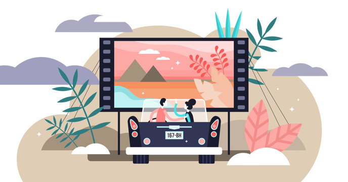 Movies illustration, transparent background. Flat tiny media film theater persons concept. Outside drive in digital multimedia entertainment with projection screen performance.