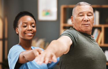 Patient stretching, physiotherapist black woman and physical therapy help for muscle or arthritis exercise in consulting exam. Physiotherapy, chiropractor and healthcare rehabilitation support of man - obrazy, fototapety, plakaty