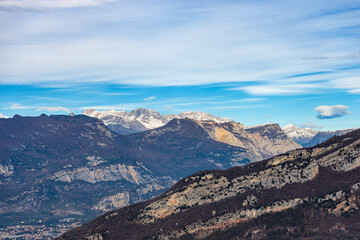 Italian Alps and Brenta Dolomites (Dolomiti di Brenta, Adamello Brenta National Park) view from the Baldo Mountain (Monte Baldo), Riva del Garda, Trento province, Trentino Alto Adige, Italy, Europe.