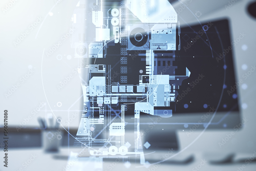 Poster double exposure of creative artificial intelligence symbol and modern desktop with laptop on backgro
