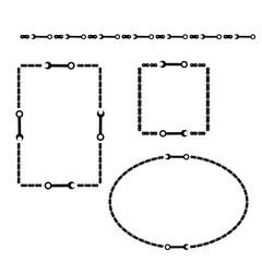Frames and borders set made of bicycle chain and wrench tool. Square, rectangle, circle, ellipse. Vector illustration