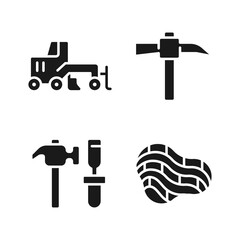 Quarry mining black glyph icons set on white space. Miner manual instruments. Coal extraction. Excavator machine. Silhouette symbols. Solid pictogram pack. Vector isolated illustration