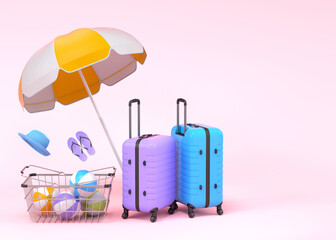 Colorful luggage with beach accessories and shopping basket on pink background.