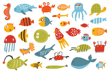 Naklejka premium Big set of cartoon sea animals for kids. Stickers, cards, invites and posters. isolated on white background. Inhabitants of the sea world. Cute underwater creatures dolphin, shark, ocean crabs, turtle