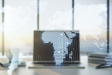 Double exposure of abstract digital world map on computer background, big data and blockchain concept