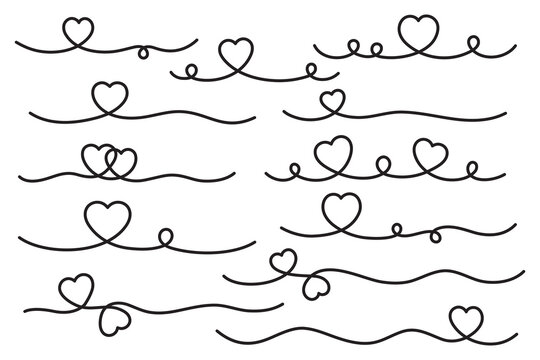 Heart lines bundle, hand drawn doodle love line for valentine's day design. Heart text divider.