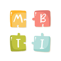 Myers-Briggs type indicator on the pazzle shape. MBTI psychological test and magnifier. Introversion, extraversion, feeling, judging, sensing, intuition, thinking, perceiving. Flat vector illustration