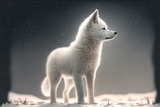 Portrait cute wolf baby puppy playing in winter snow , Generative Ai
