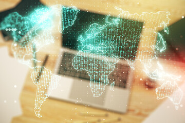 Multi exposure of abstract creative digital world map on laptop background, research and analytics concept
