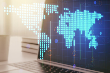 Multi exposure of abstract graphic world map on modern computer background, big data and networking concept concept