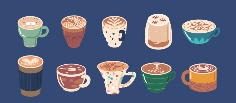 Set of Coffee Cups with Latte Art Patterns Cute Bear Face, Cat Paws, Flower, Heart and Space and I Love You Inscription