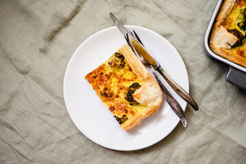 Sliced traditional french open quiche pie with cheese and broccoli