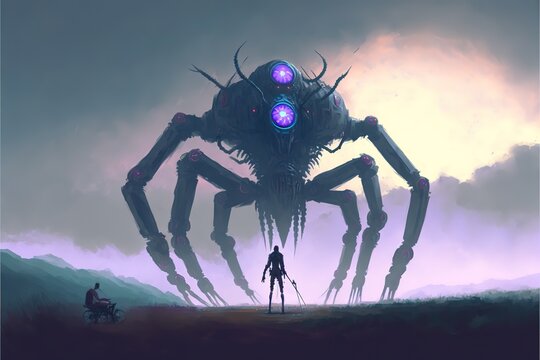 Giant spider robot attacks man